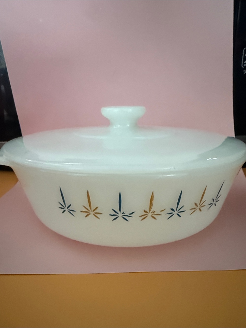 Vintage Anchor Hocking Covered Casserole Dish with Blue and Gold Starburst